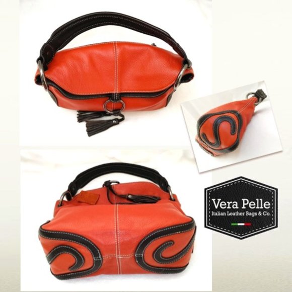 VERA PELLE Orange Leather Shoulder Satchel Bag Brown Trim Flaps w/ Tassels Zips - Picture 6 of 10